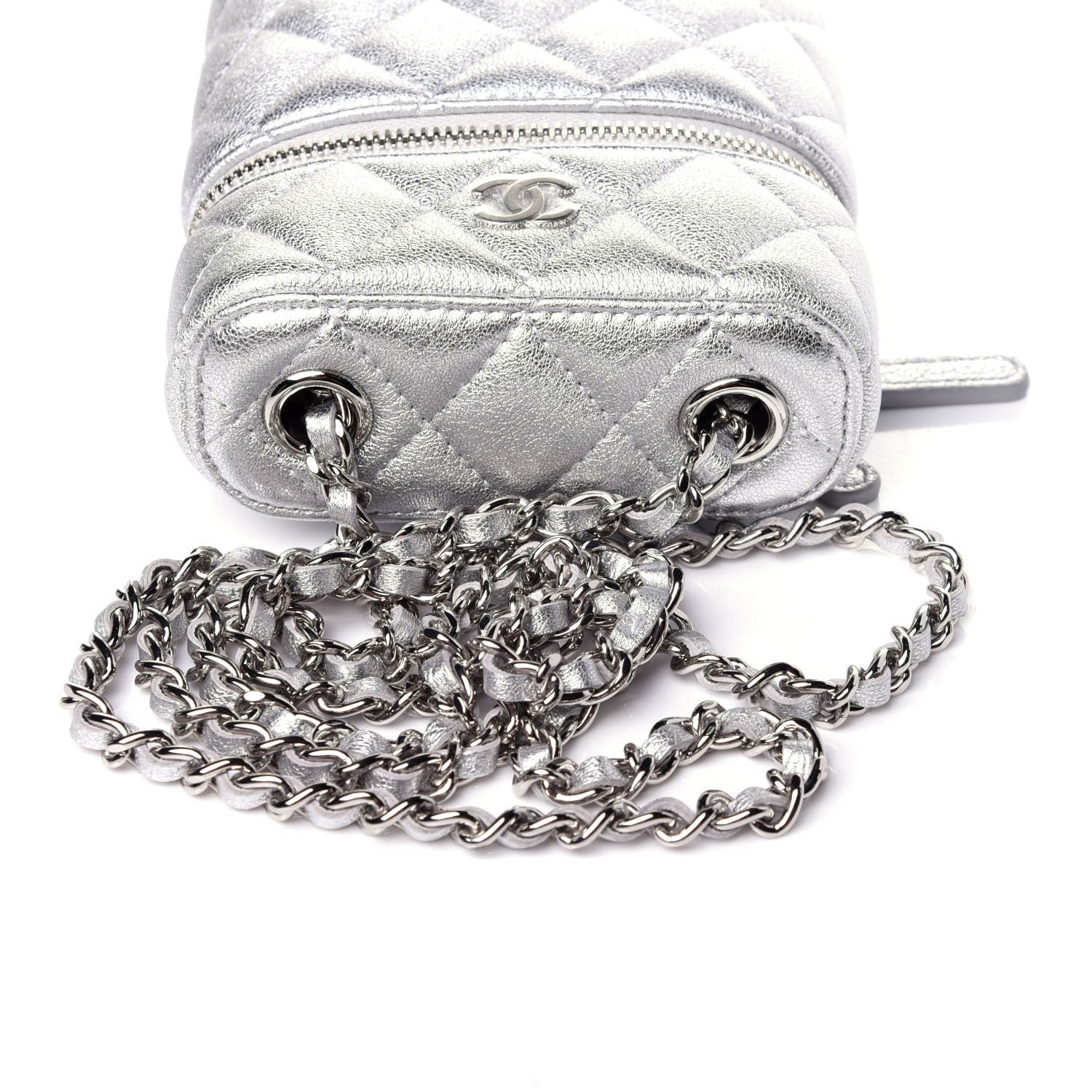 Chanel Metallic Lambskin Quilted Phone Holder With Chain Silver 11 of 12