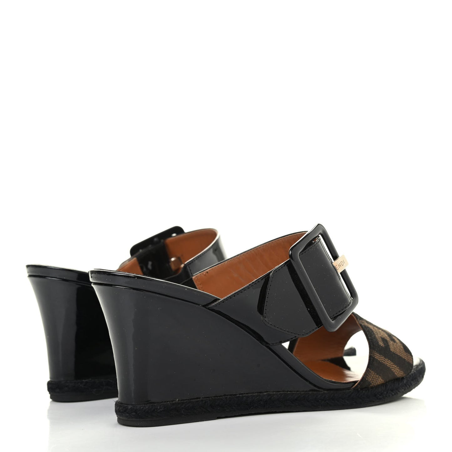Patent Fabric FF Wedge Sandals 38 Tobacco Black