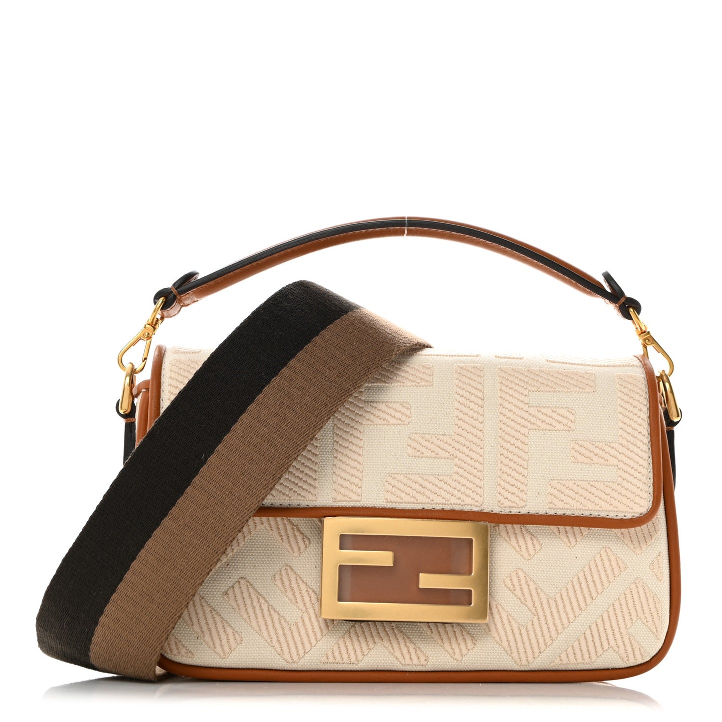 Canvas Vitello King Bi-Color Strap FF Embroidered Mini Baguette Poudre