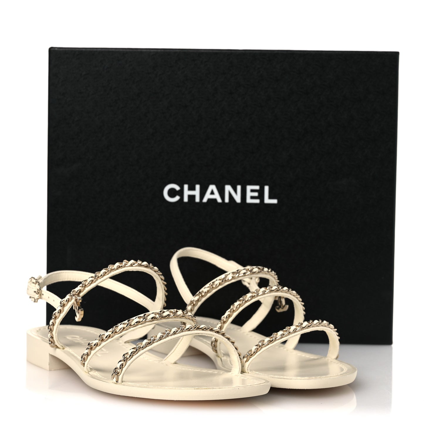 Lambskin CC Chain Flat Sandals 38 Ivory