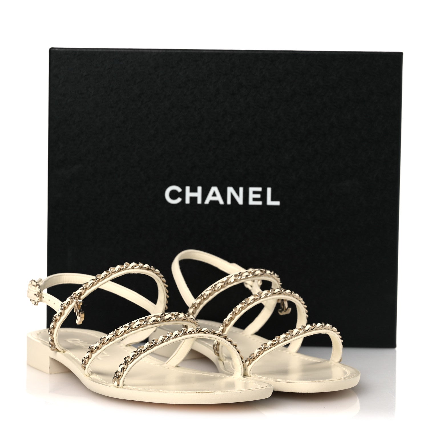 Chanel Lambskin CC Chain Flat Sandals 38 Ivory 10 of 10