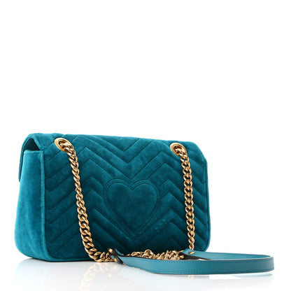 Gucci Velvet Matelasse Small GG Marmont Shoulder Bag Pavone Cyan 3 of 10