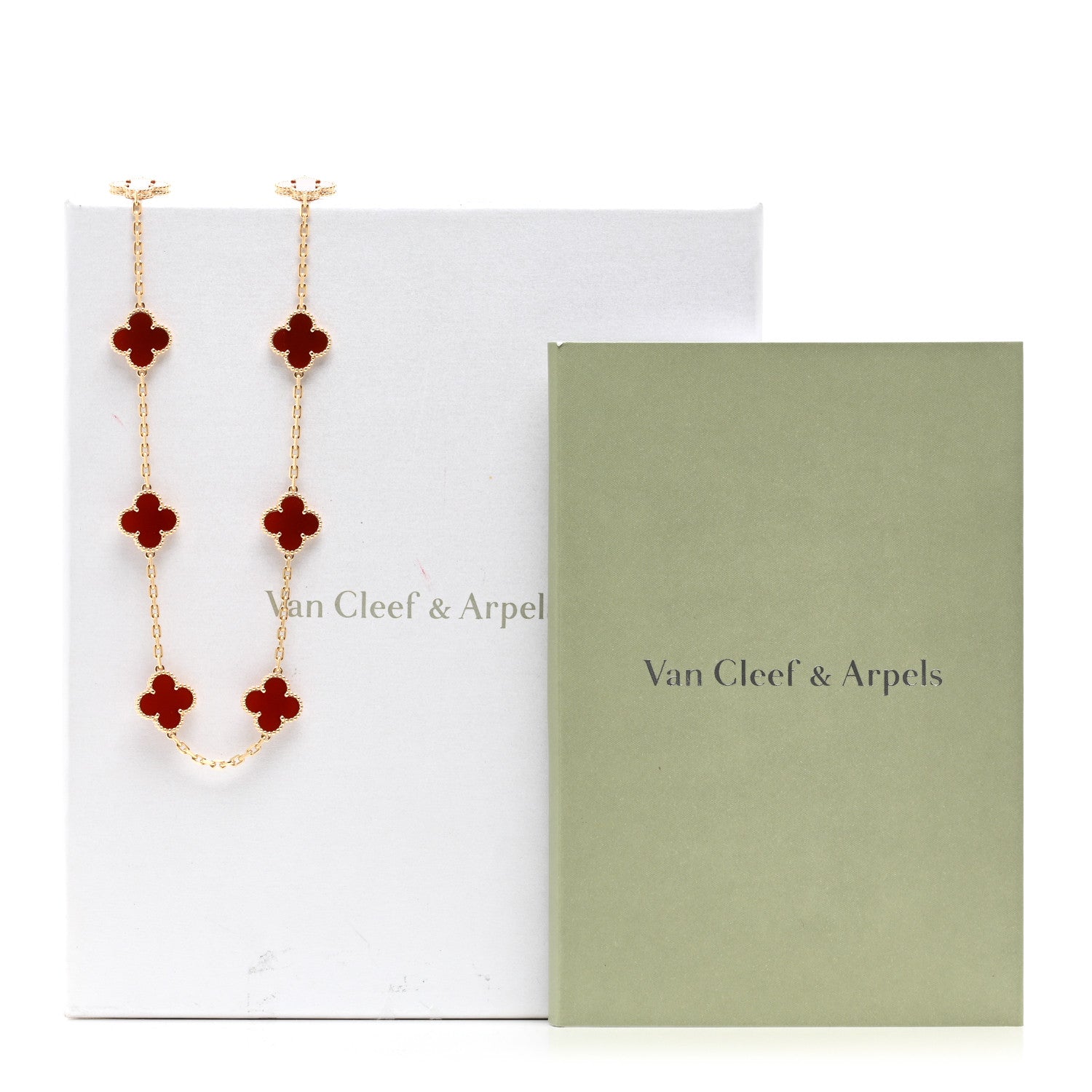 Van Cleef & Arpels 18K Yellow Gold Carnelian 10 Motifs Vintage Alhambra Necklace 6 of 6