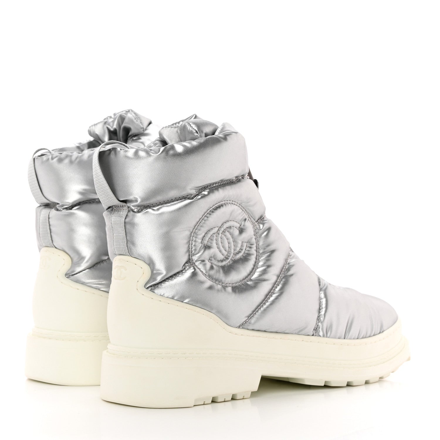 Chanel Metallic Nylon Quilted Womens Lace UP Snow Boots 40.5 Silver 4 of 12