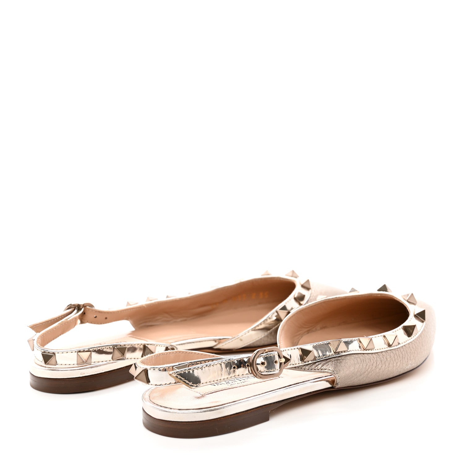 Valentino Garavani Metallic Pebbled Calfskin Patent Rockstud Slingback Flats 35 Skin 4 of 12