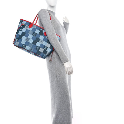 Louis Vuitton Denim Damier Monogram Patchwork Neverfull Blue Rouge 2 of 10