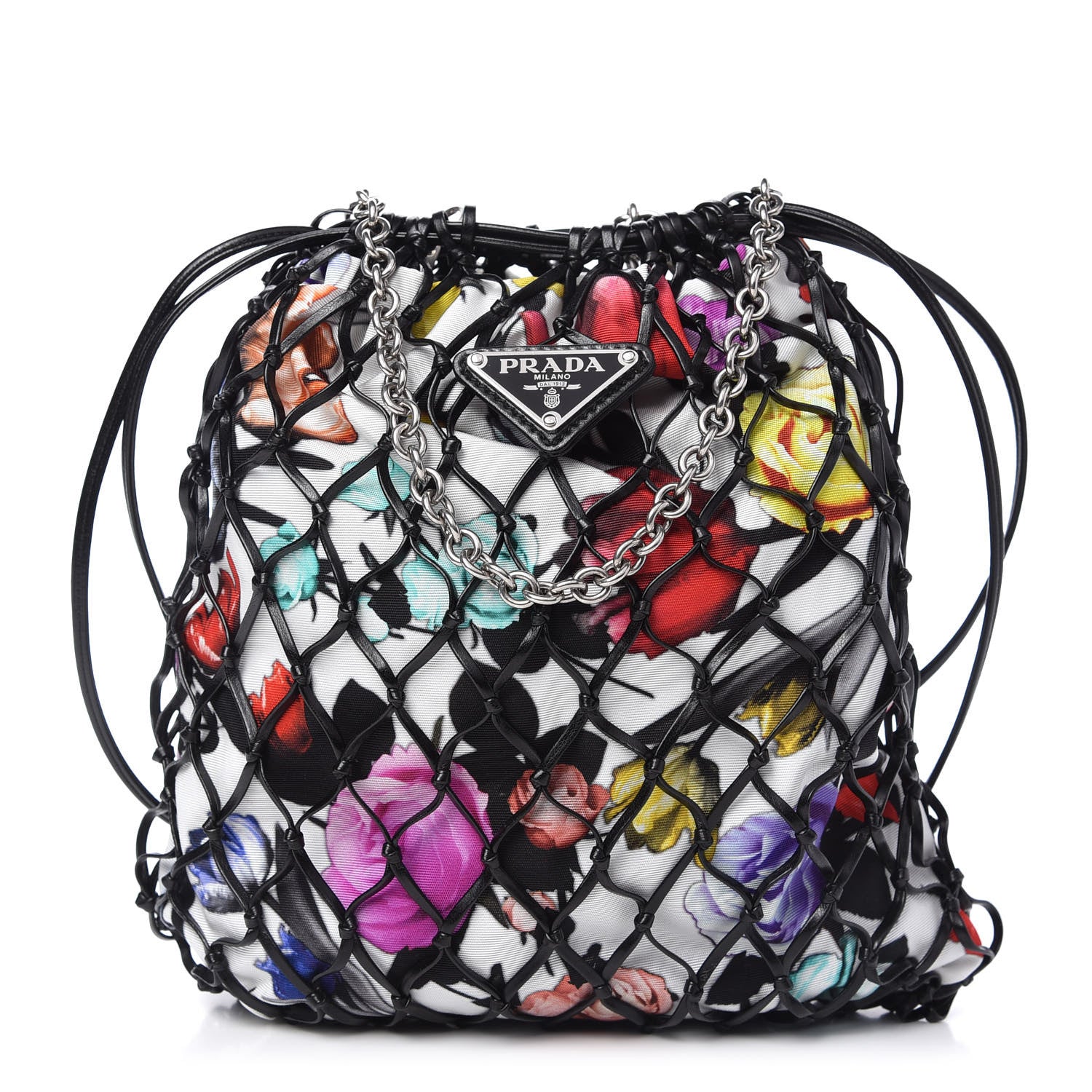 Prada Fabric Calfskin Floral Print Net Chain Bag Black Multicolor 1 of 11
