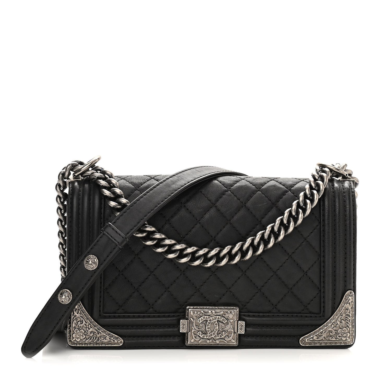 Calfskin Quilted Metal Embellished Paris Dallas Medium Boy Flap Black