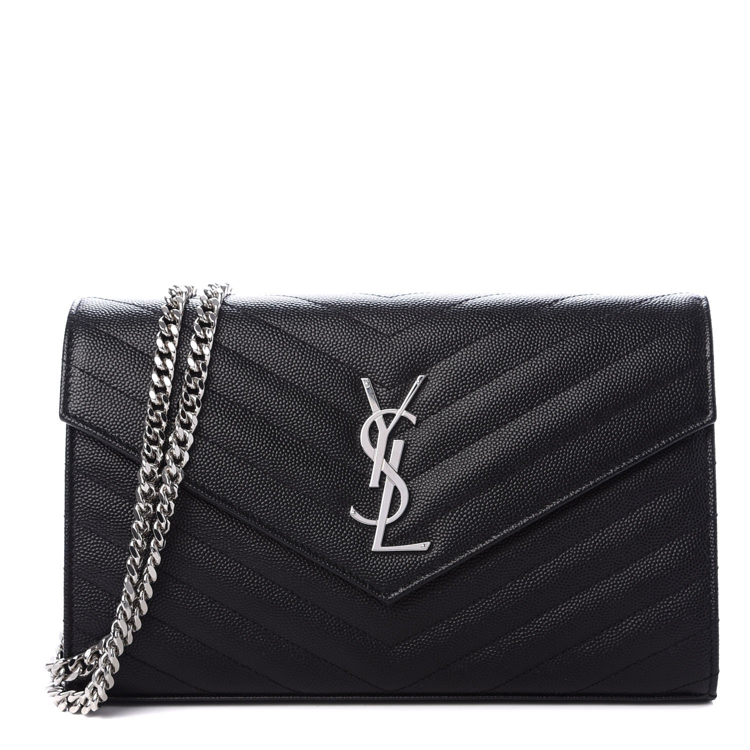 Saint Laurent Grain De Poudre Matelasse Chevron Monogram Chain Wallet Black 1 of 10