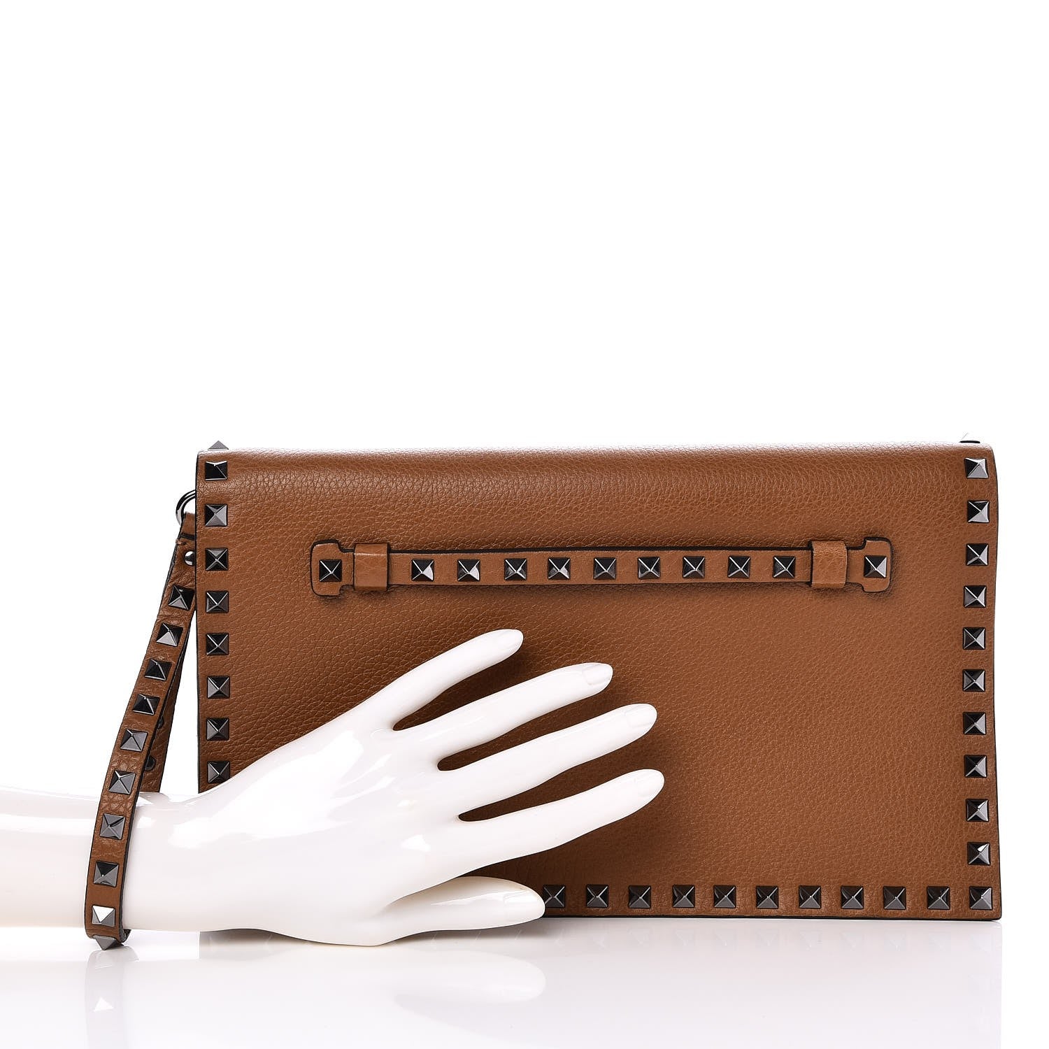 Valentino Garavani Pebbled Calfskin Rockstud Wristlet Clutch Brown 2 of 6