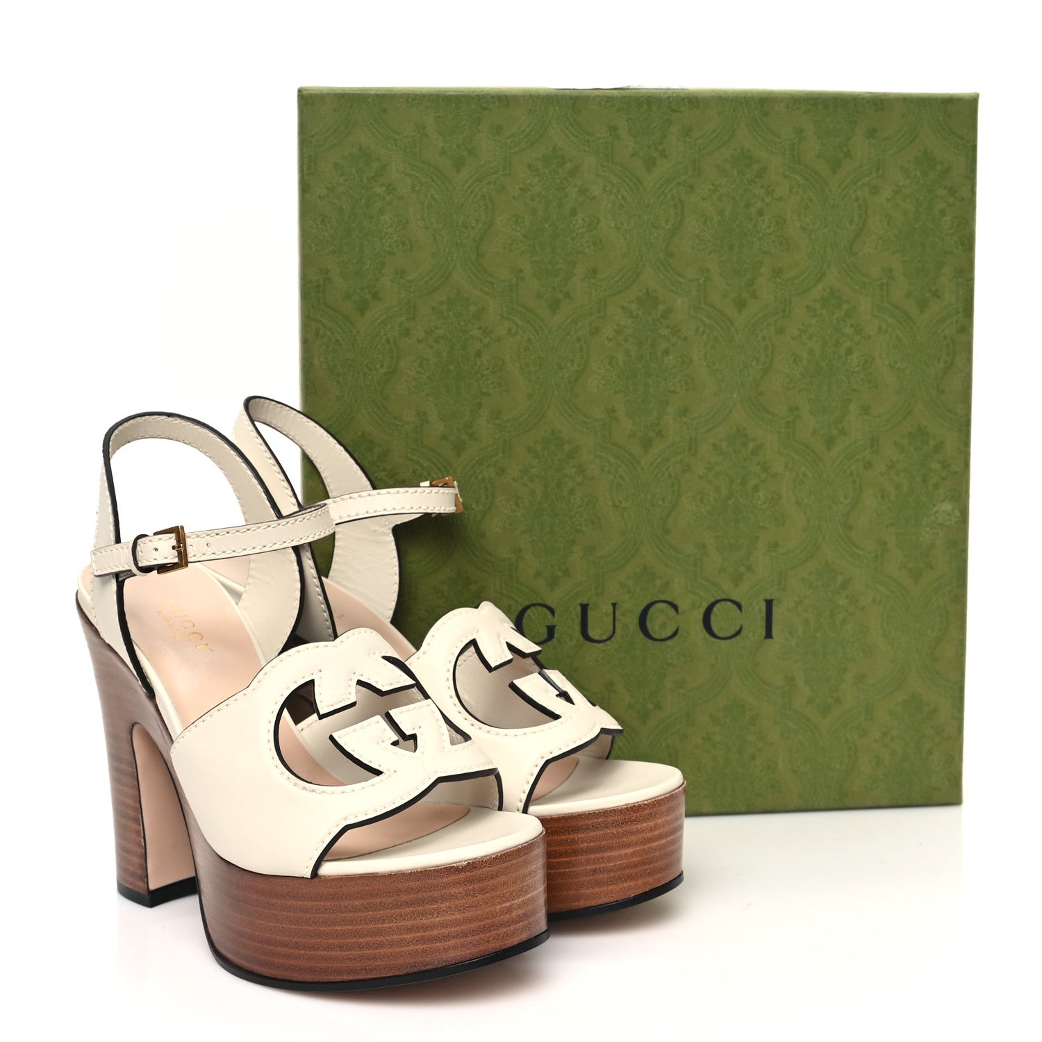Gucci Cosmos Softy Calfskin Wooden Interlocking G Cut-Out 30/120mm Platform Sandals 36.5 Mystic White 9 of 10