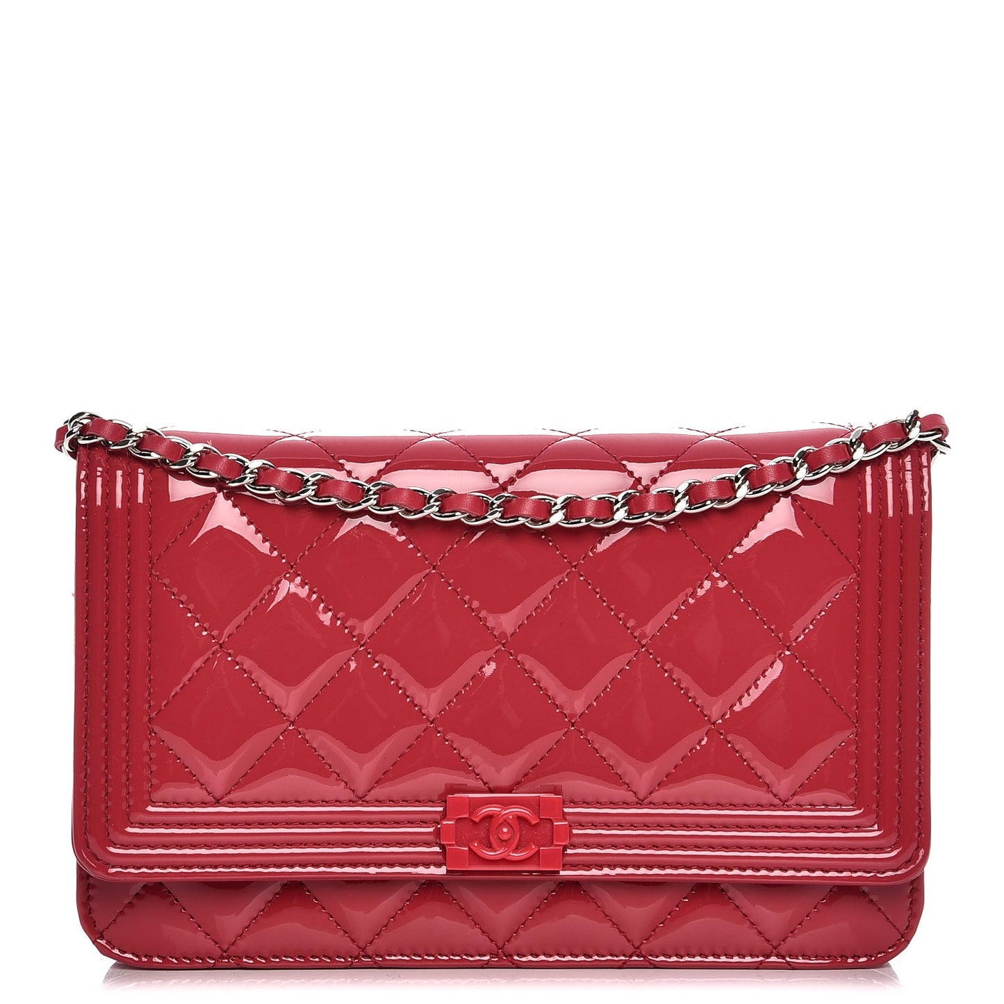 Patent Calfskin Quilted Boy Wallet On Chain WOC Pink