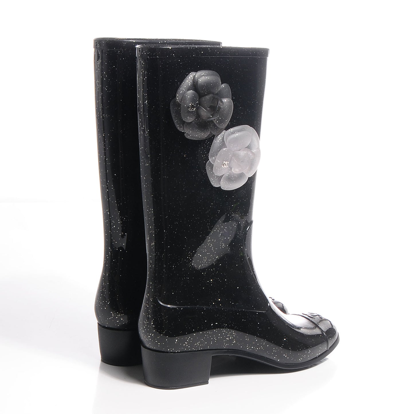 Rubber Glitter Camellia Rain Boots 37 Black