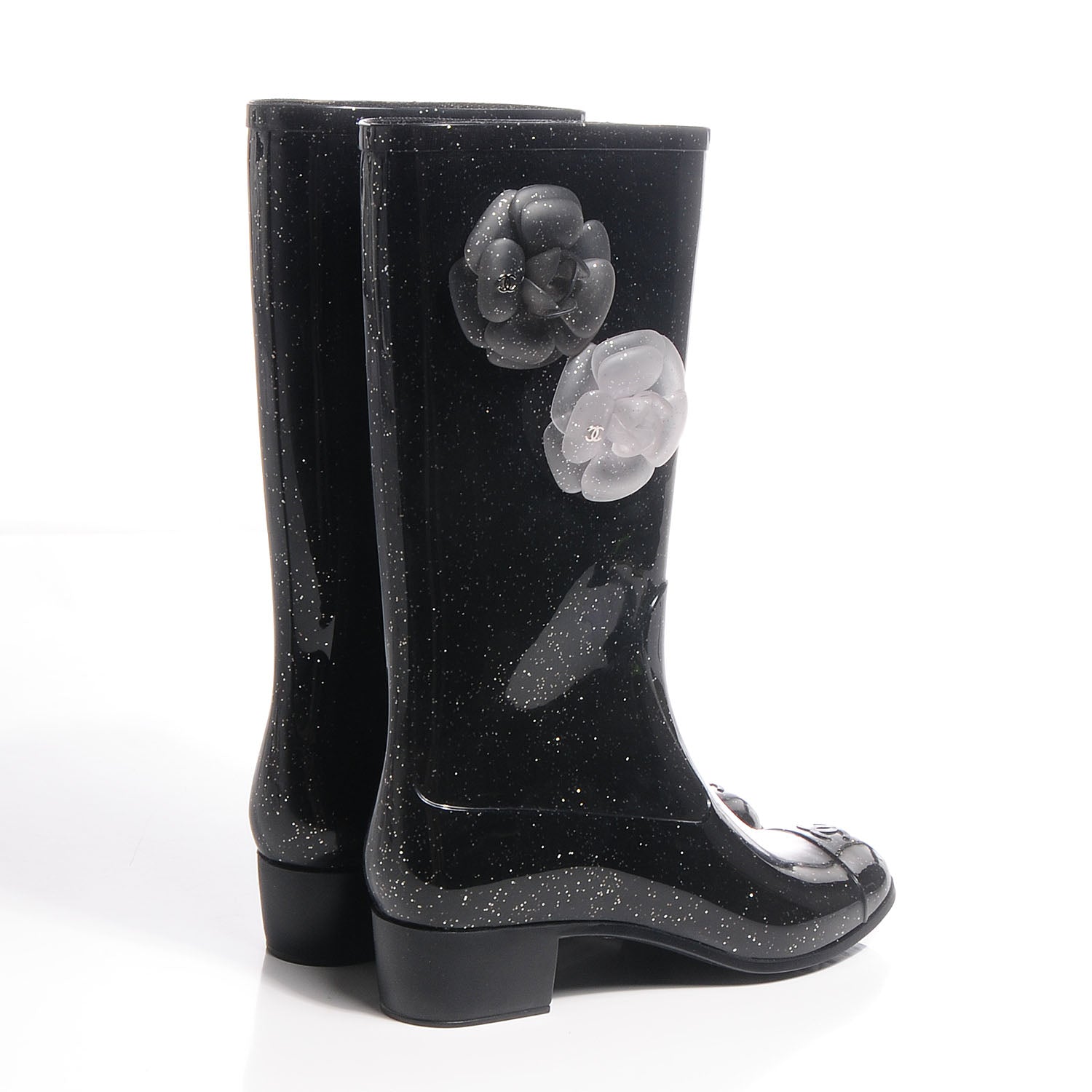 Chanel Rubber Glitter Camellia Rain Boots 37 Black 4 of 7