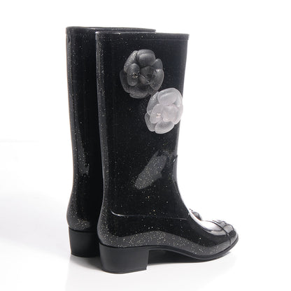 Chanel Rubber Glitter Camellia Rain Boots 37 Black 4 of 7