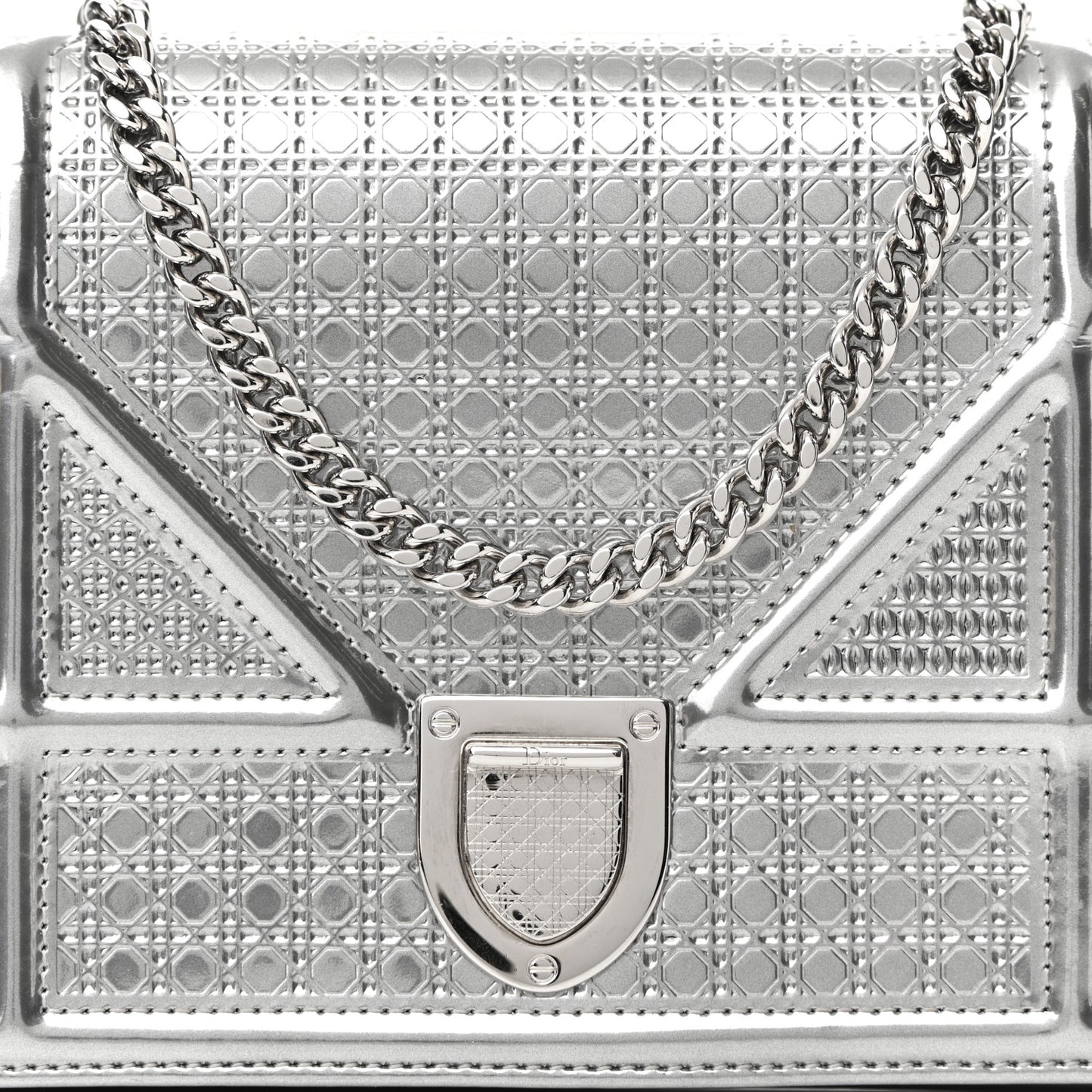Metallic Patent Micro-Cannage Diorama Wallet on Chain Pouch Silver
