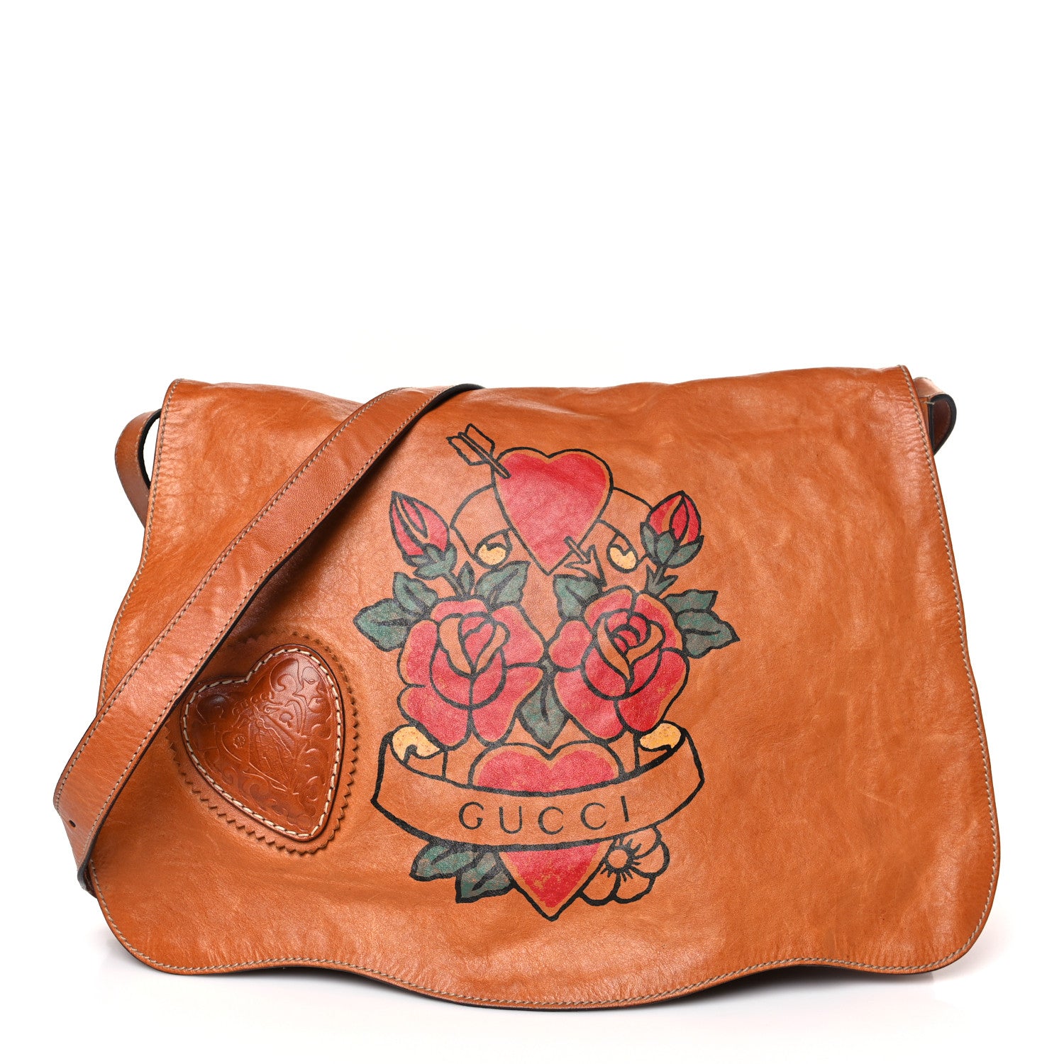 Gucci Calfskin Tattoo Heart Tribeca Messenger Bag Tan 1 of 9
