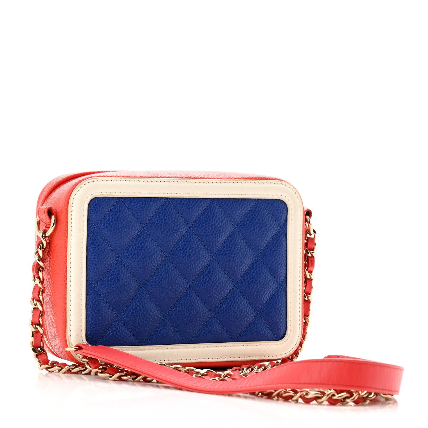 Caviar Quilted Filigree Vanity Clutch With Chain Blue White Red