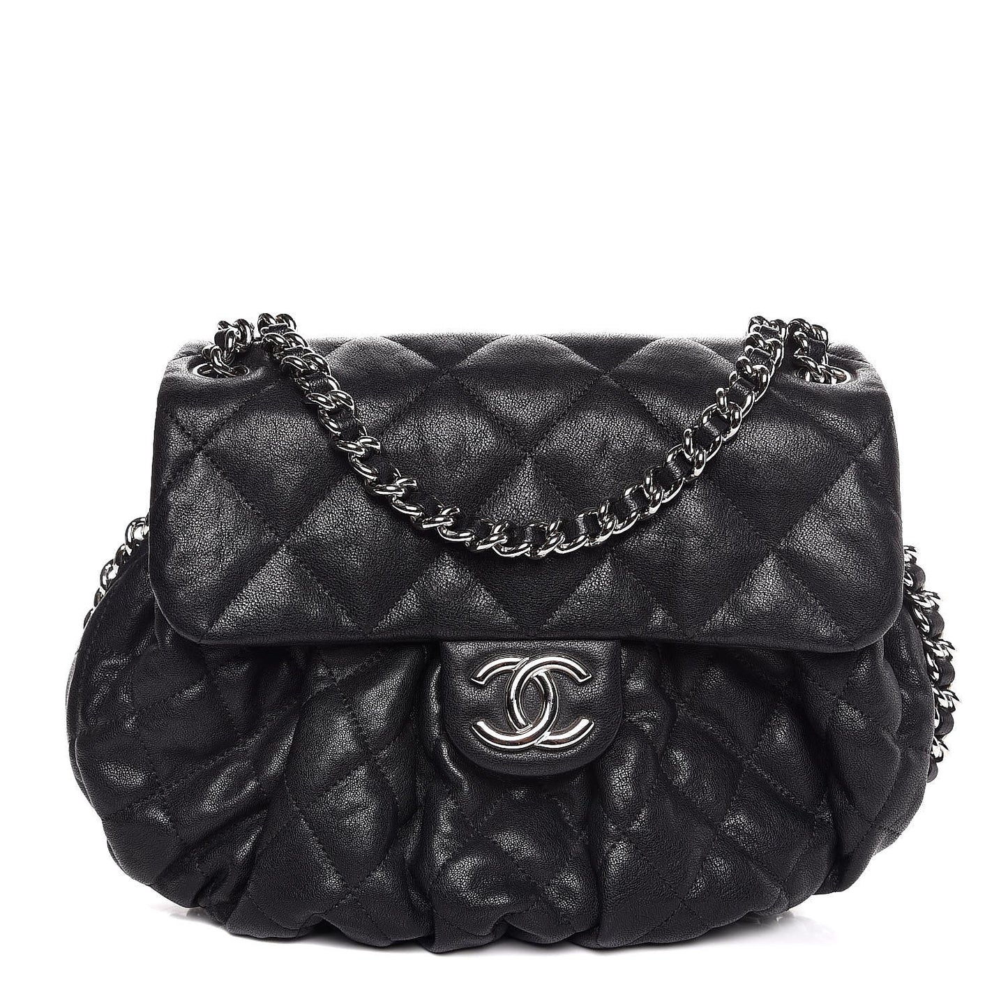 Washed Lambskin Quilted Medium Chain Around Messenger Black