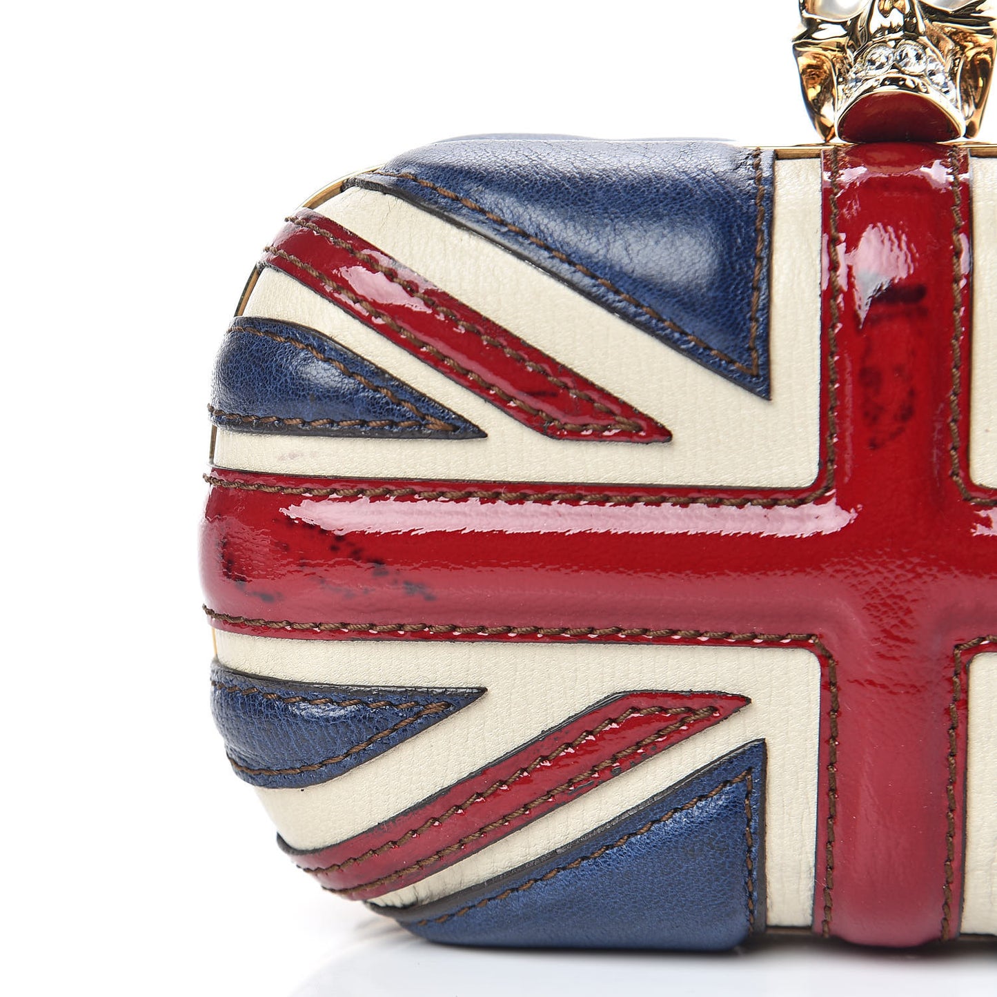 Patent Calfskin Britannia Skull Box Clutch Red Blue