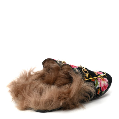 Gucci Velvet Fur Floral Womens Princetown Slippers 37 Black 4 of 7