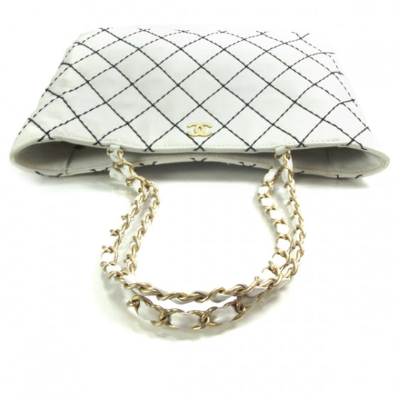 Lambskin Contrast Stitch Tote White