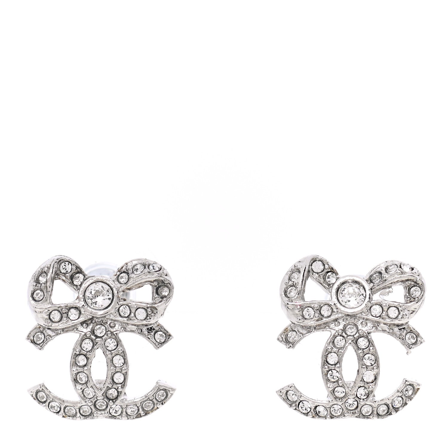 Chanel Crystal CC Bow Dangle Earrings Silver 1 of 5