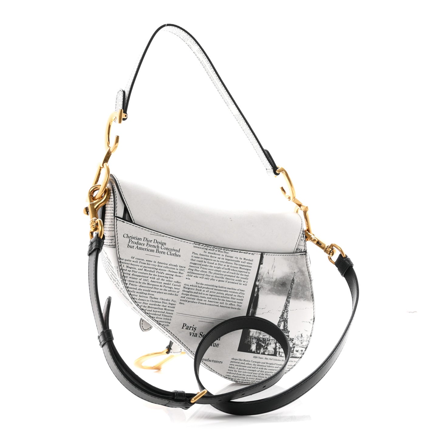 Calfskin Newspaper Printed Saddle Bag With Strap Black White