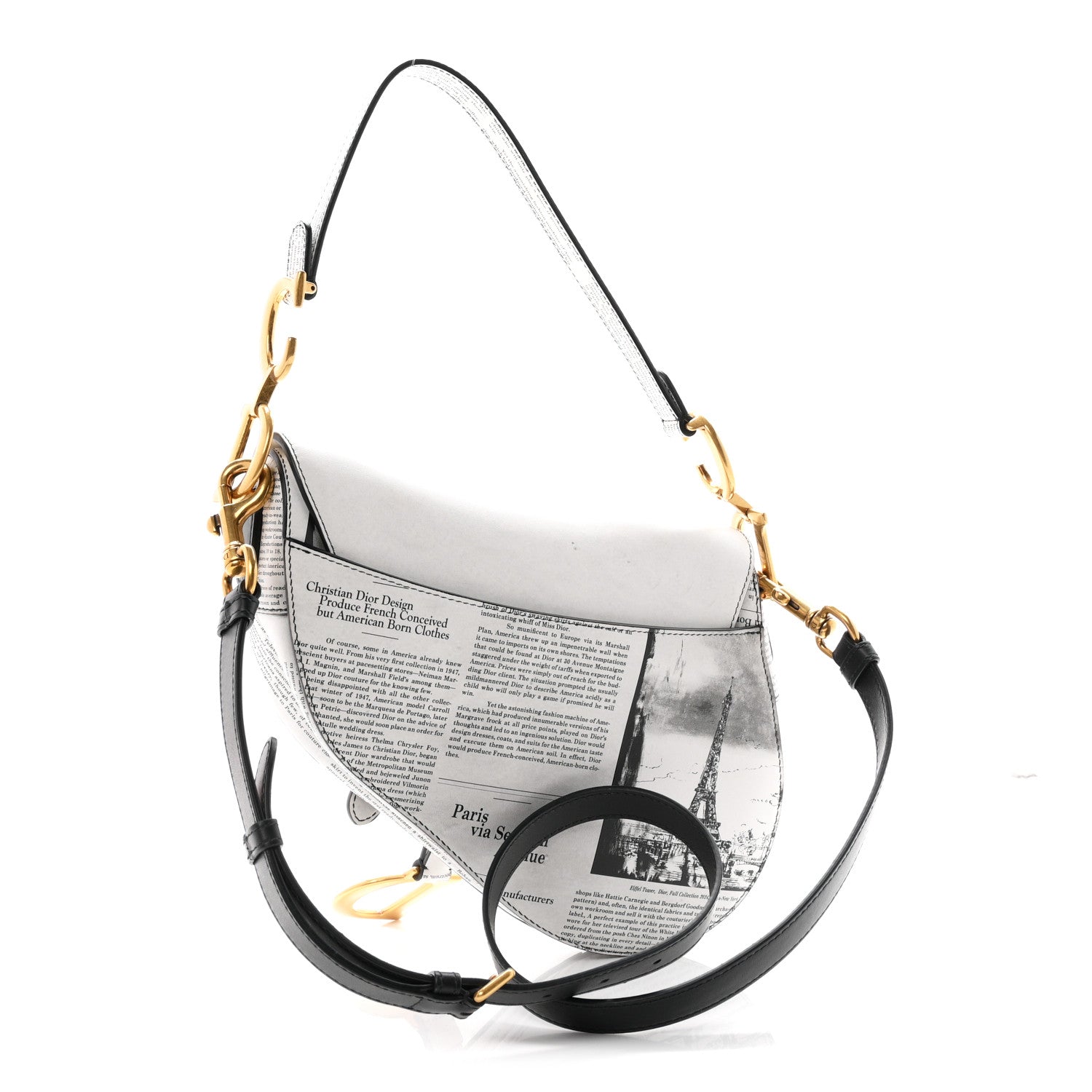 Christian Dior Calfskin Newspaper Printed Saddle Bag With Strap Black White 3 of 11