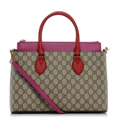Gucci GG Supreme Monogram Moon Calfskin Small Zip Top Tote Beige Ebony Hibiscus Red New Rosette 1 of 7