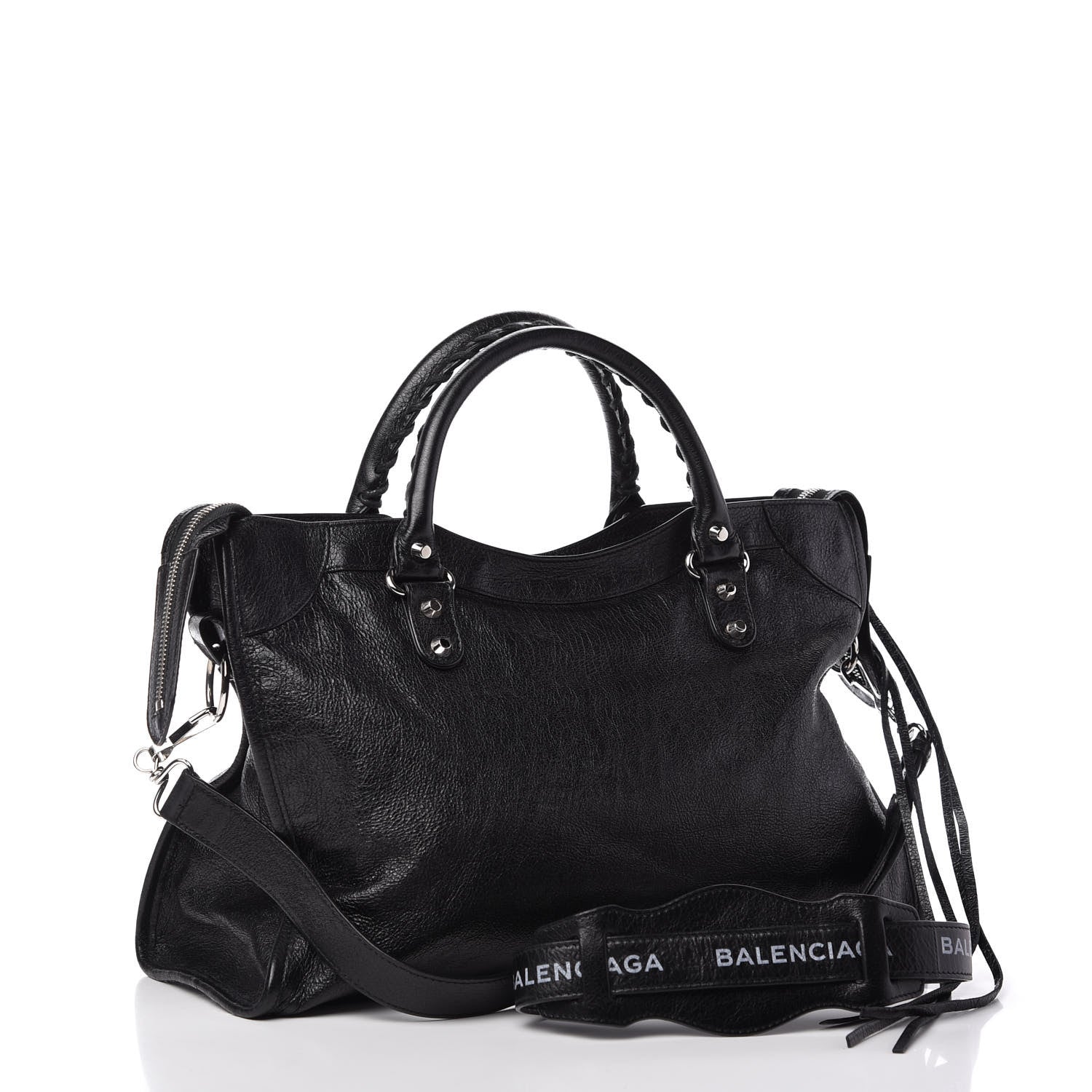 Balenciaga Agneau Classic Silver Hardware City Logo Strap Black White 3 of 9