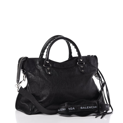 Balenciaga Agneau Classic Silver Hardware City Logo Strap Black White 3 of 9