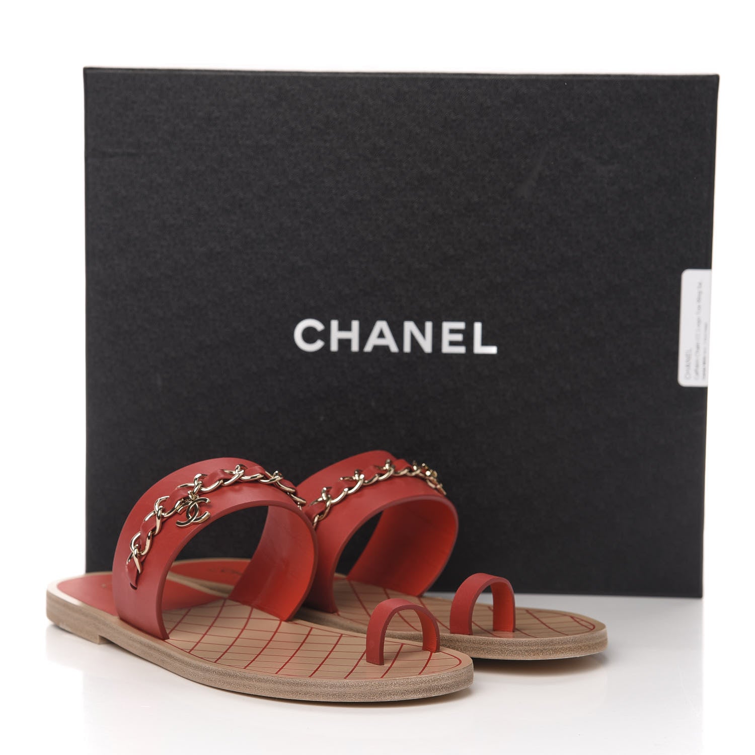Chanel Calfskin Chain CC Logo Toe Ring Sandals 39.5 Red 9 of 9