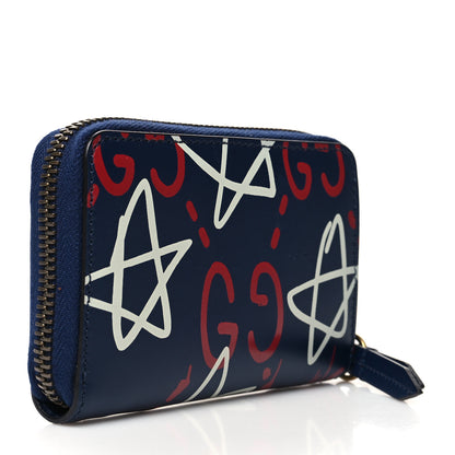 Gucci Calfskin GucciGhost Zip Around Card Case Blue Agata Hibiscus Red 3 of 9
