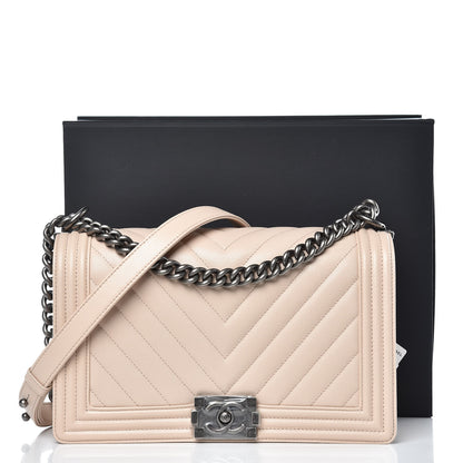 Chanel Caviar Chevron Quilted New Medium Boy Flap Light Beige 8 of 9