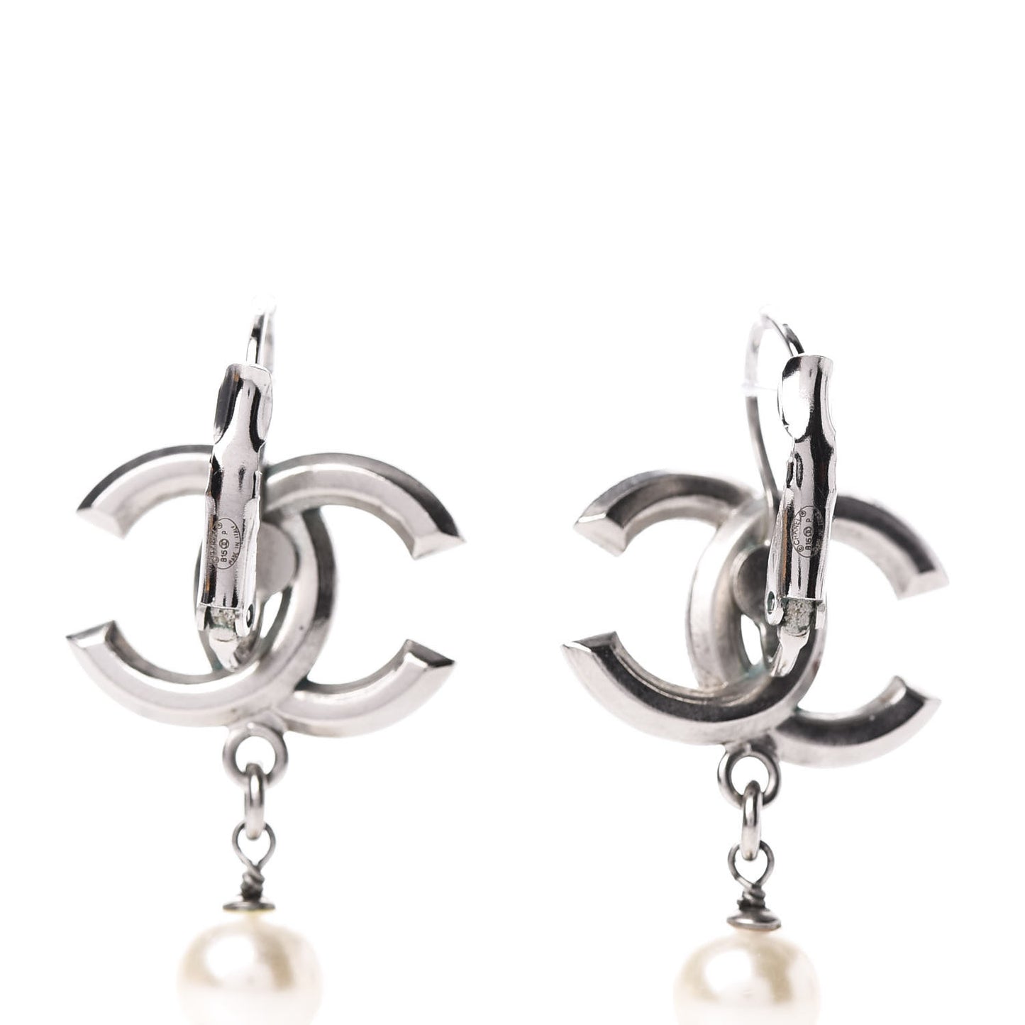 Baguette Crystal Pearl CC Drop Earrings Silver