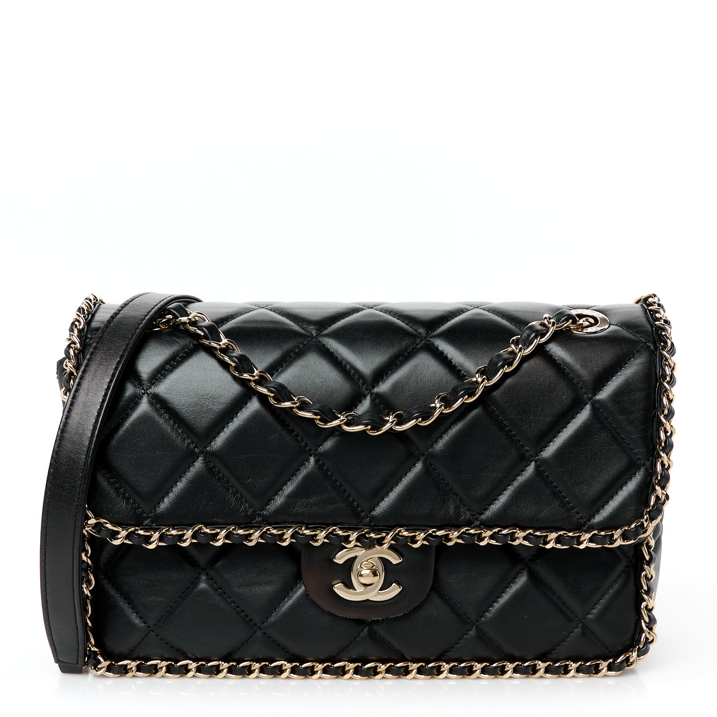 Crumpled Calfskin Medium Chain All Over Flap Black