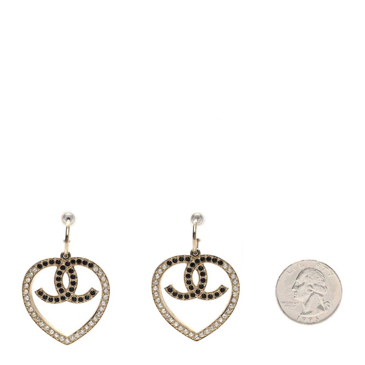 Chanel Metal Crystal CC Heart Drop Earrings Gold Black 2 of 4