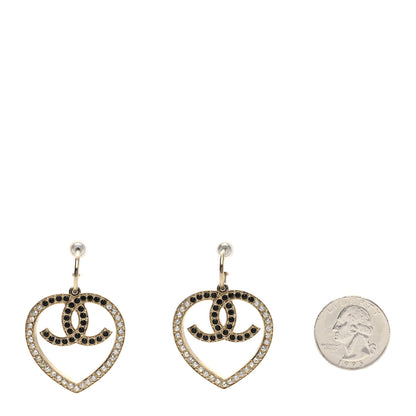 Chanel Metal Crystal CC Heart Drop Earrings Gold Black 2 of 4