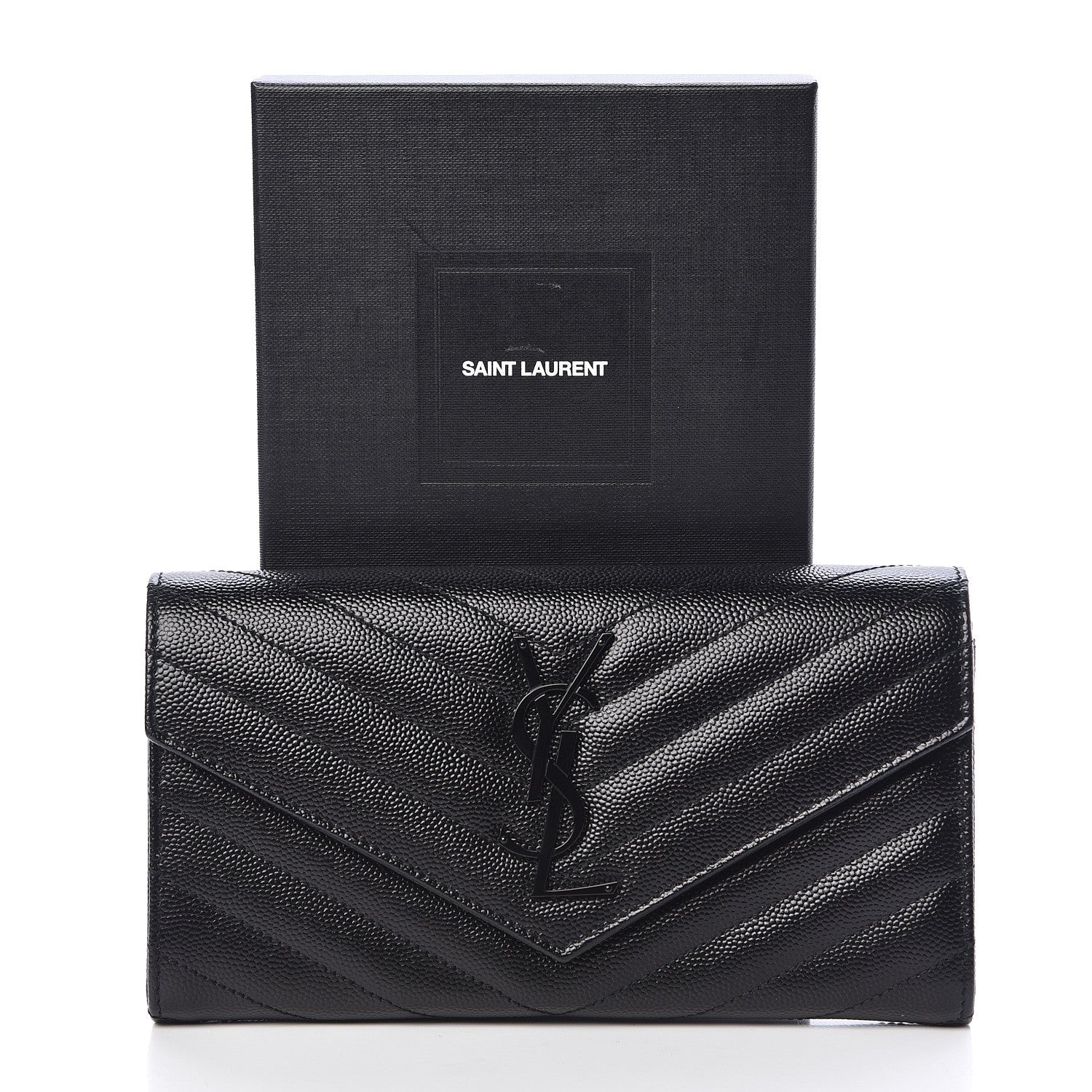 Saint Laurent Grain De Poudre Matelasse Chevron Monogram Flap Wallet Black 8 of 8