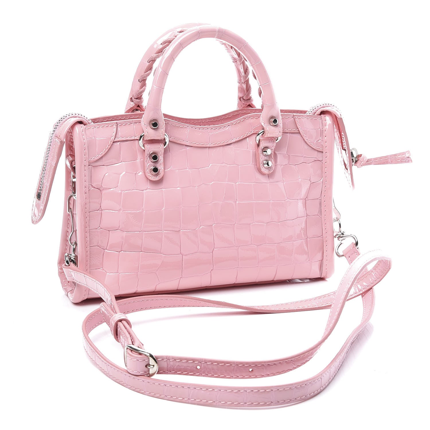 Balenciaga Patent Crocodile Embossed Classic Silver Hardware Nano City Light Pink 3 of 11