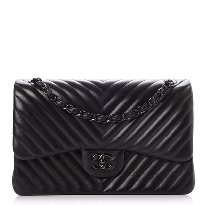 Chanel Lambskin Chevron Quilted Jumbo Double Flap So Black 1 of 9