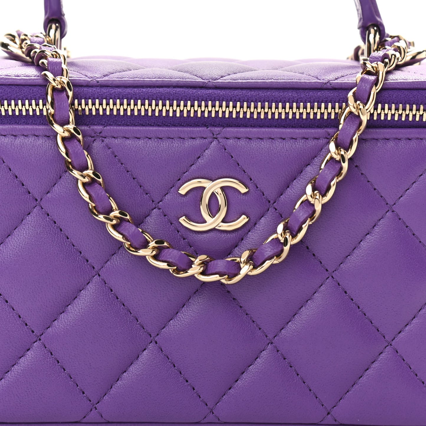 Lambskin Quilted Small Top Handle Vanity Case With Chain Purple