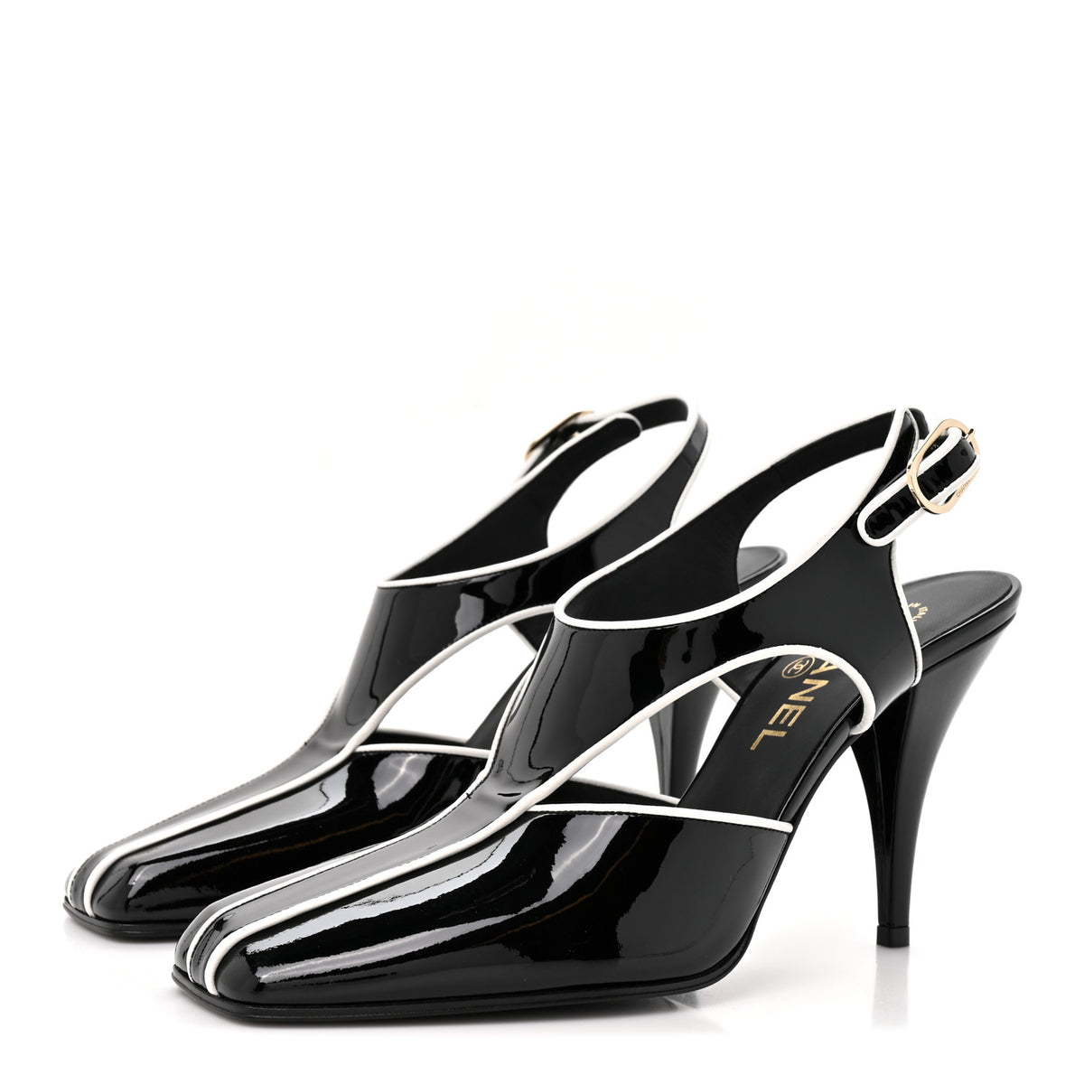 Chanel Patent Calfskin Lambskin CC Slingback Pumps 37.5 White Black 4 of 9