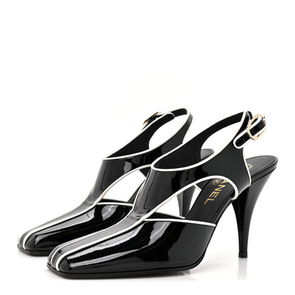 Chanel Patent Calfskin Lambskin CC Slingback Pumps 37.5 White Black 4 of 9