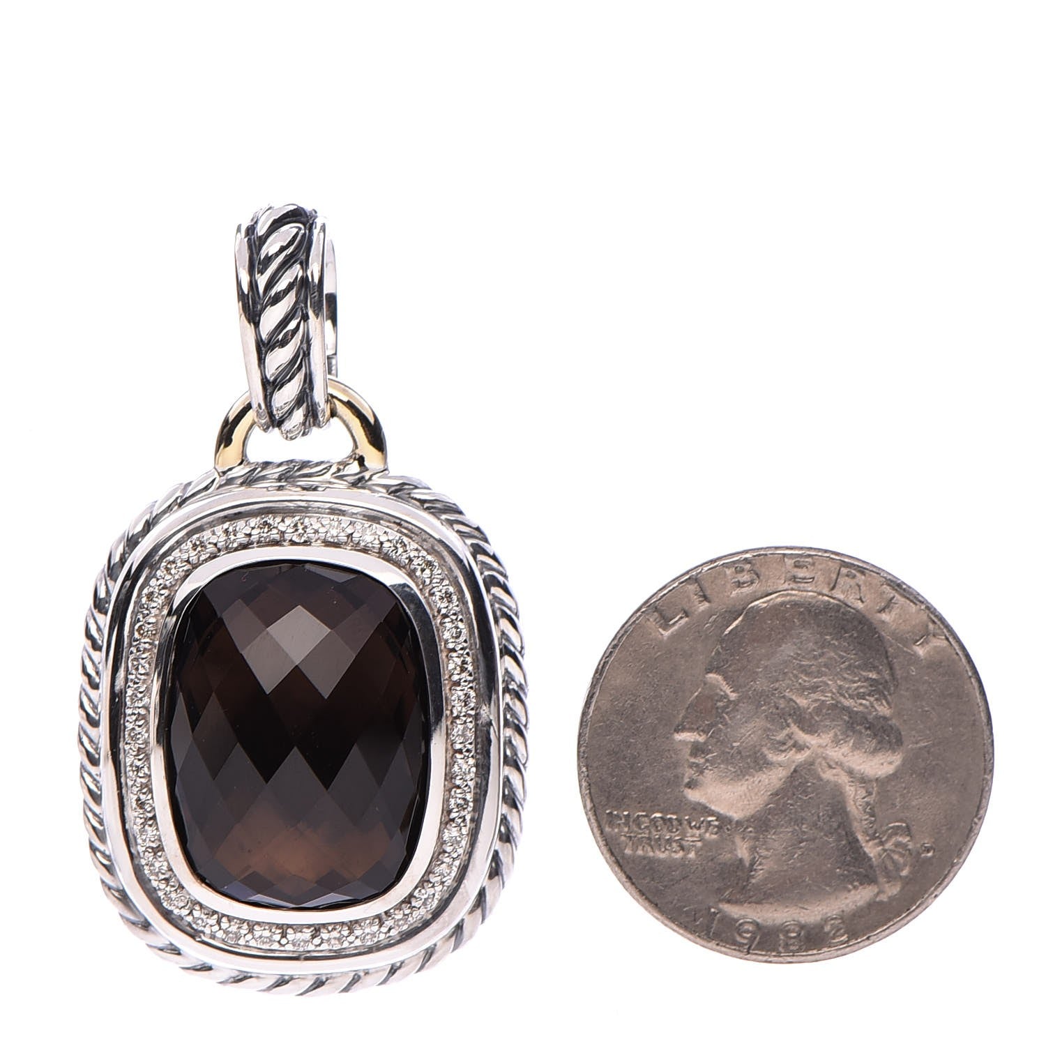 David Yurman Sterling Silver 18K Yellow Gold Smoky Quartz Diamond 11mm Wheaton Enhancer Pendant 2 of 4