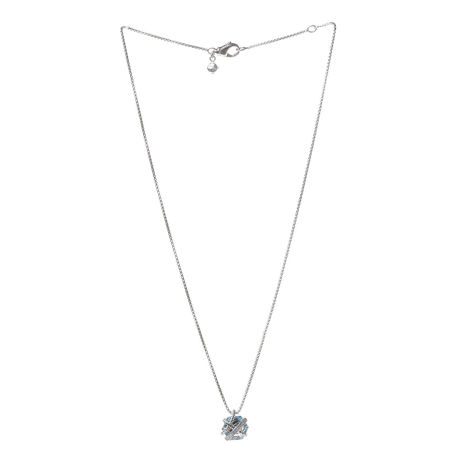 David Yurman Sterling Silver Diamond Blue Topaz 10mm Petite Cable Wrap Pendant Necklace 3 of 8