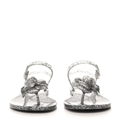 Chanel Jelly Camellia Glitter Thong Sandals 37 Grey 2 of 9