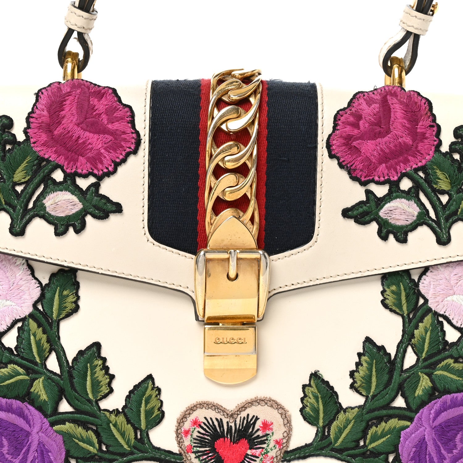 Gucci Calfskin Embroidered Medium Sylvie Top Handle Bag White 8 of 10
