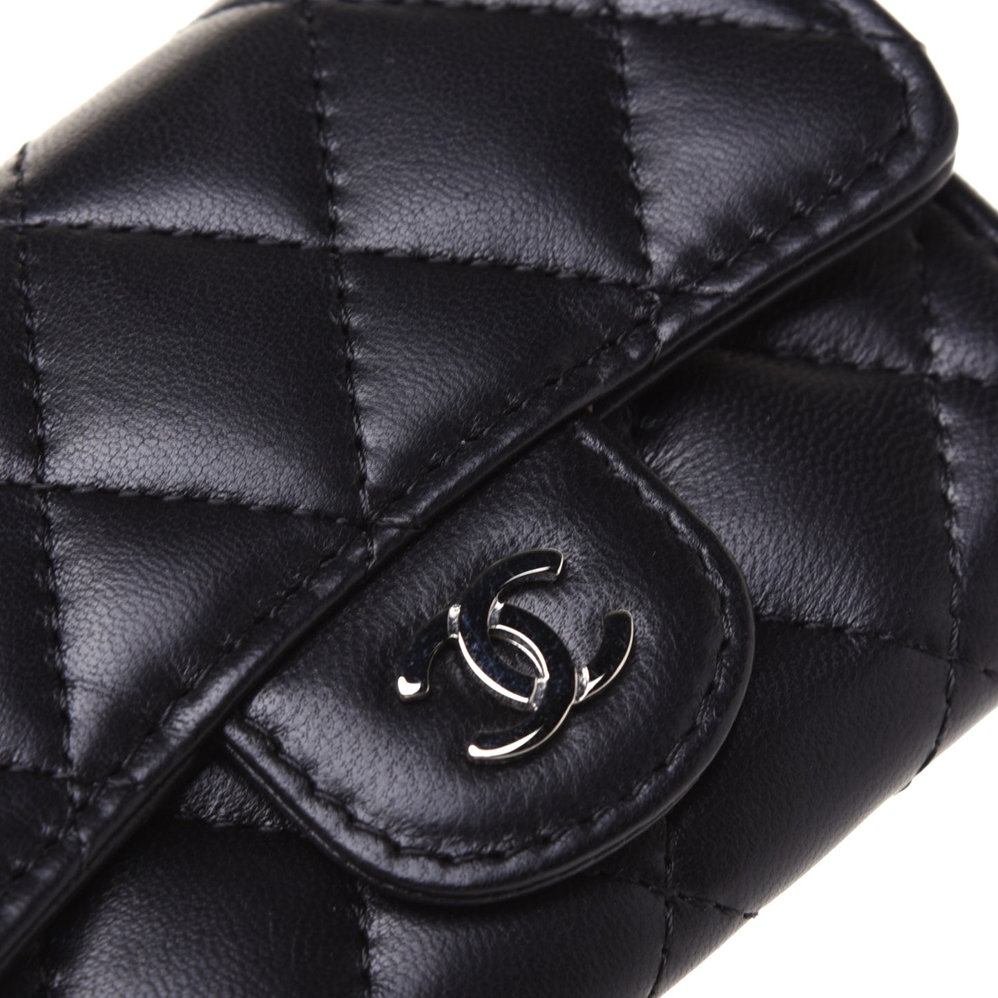 Lambskin Quilted Flap Card Holder Black
